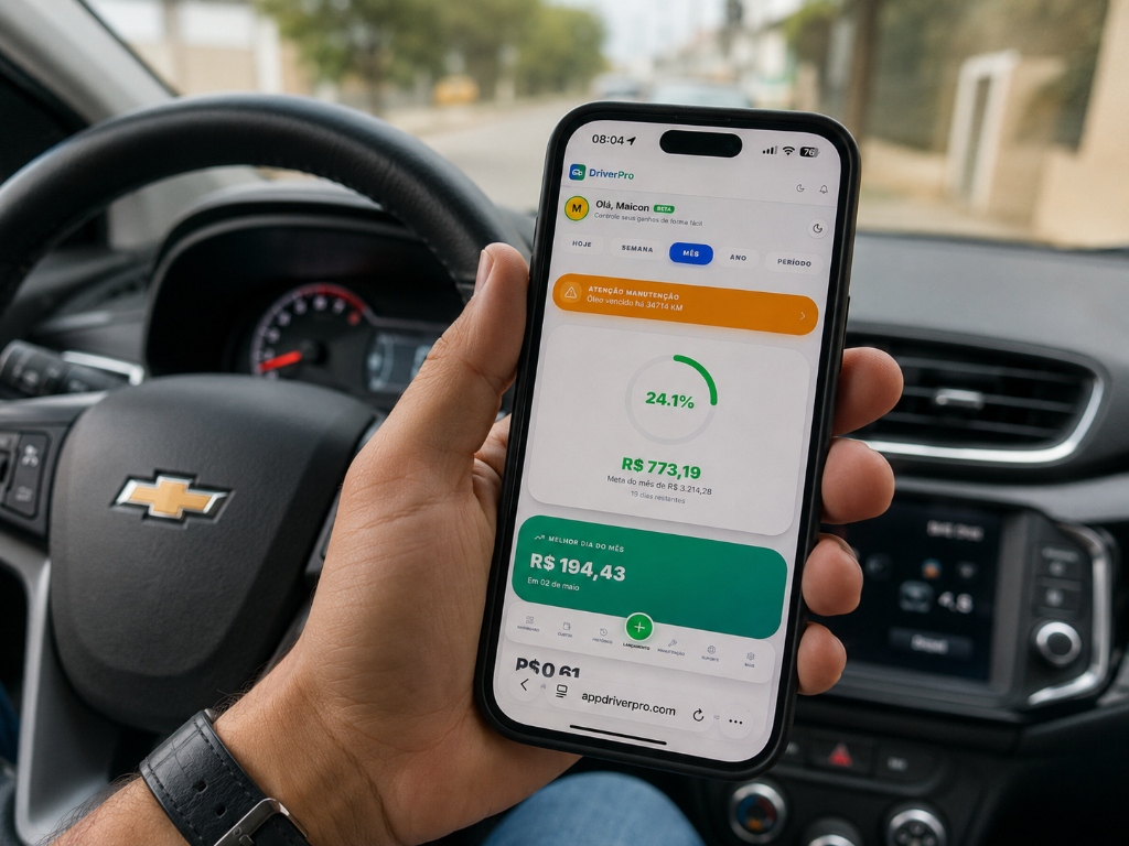 DriverPro sendo usado por motorista dentro do carro — dashboard de controle financeiro